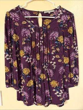 Daniel Rainn Plum Floral Pintuck Top with Gold & Lavender Blooms